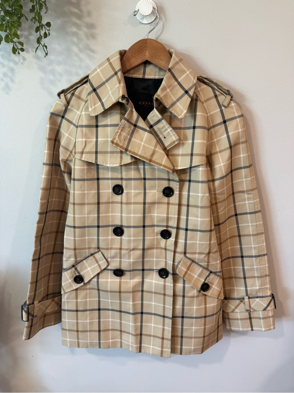 Coach Beige Plaid Double-Breasted Trench Jacket Sz Xs